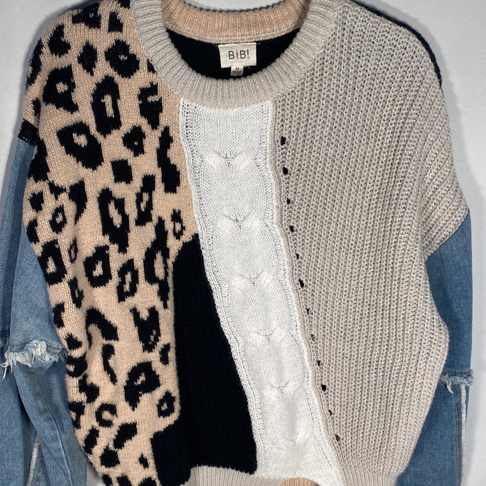 BiBi Patchwork Leopard Cable Knit Sweater Denim S… - image 3